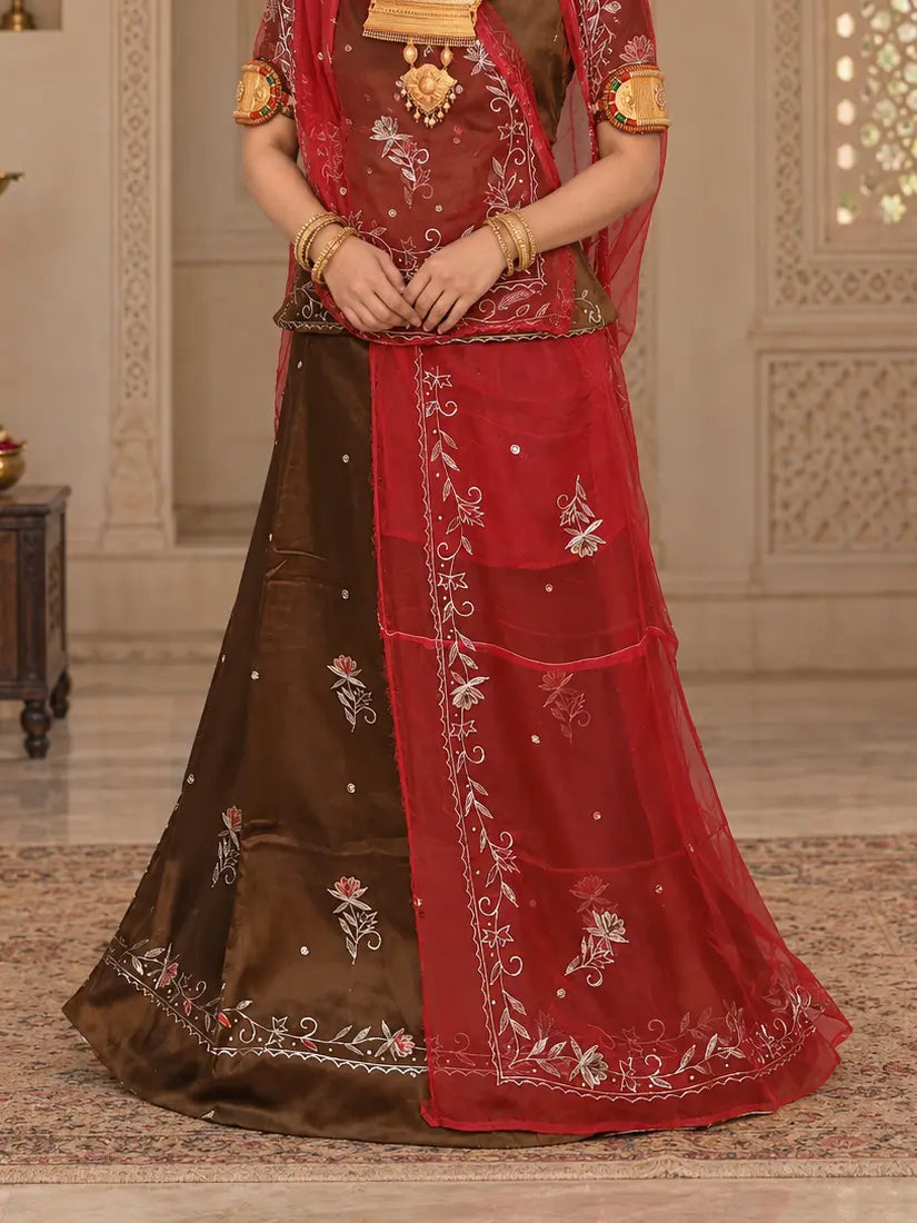 Brown Jaam Cotton Rajputi Suit with Zari Work – Red Tora Odhni