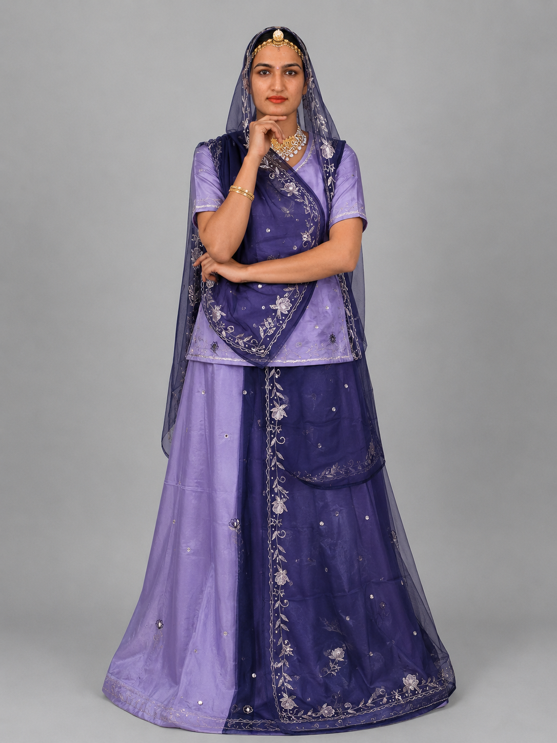 Rajputi Dress - Natural Crepe Pure Fabric With Zari Work - Levendor With Blue Tora Odhni