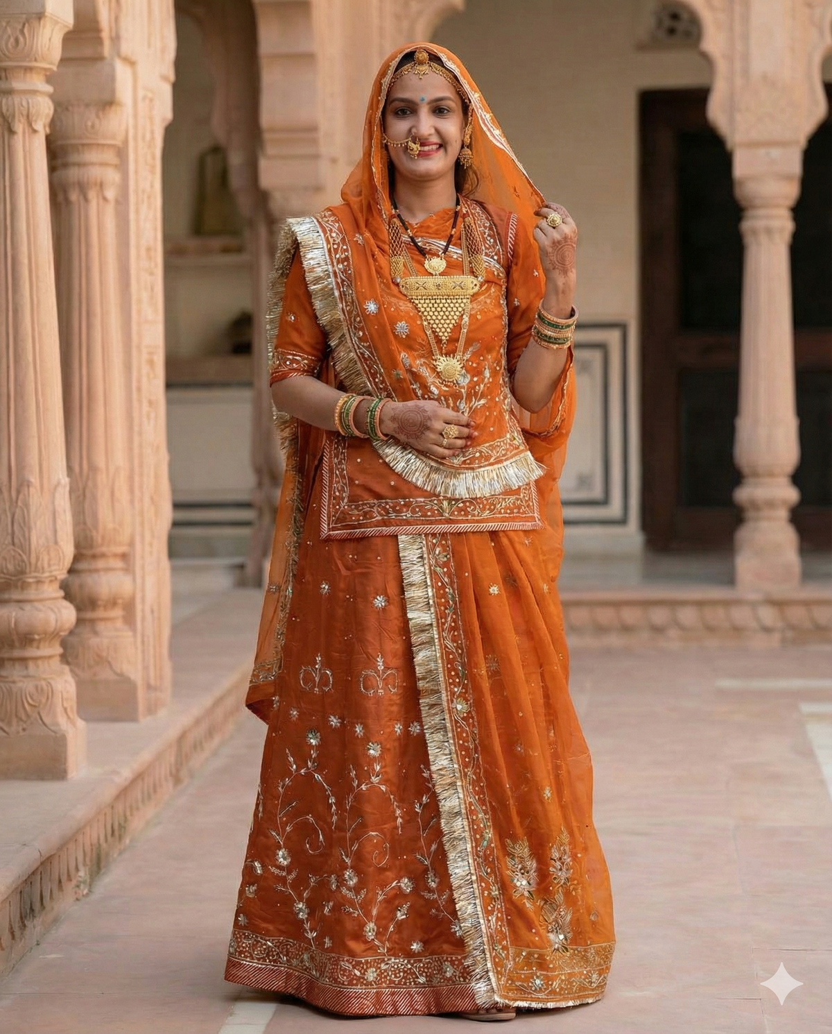 Rajputi Poshak – Traditional Natural Crepe – Royal Orange with Pure Odhni