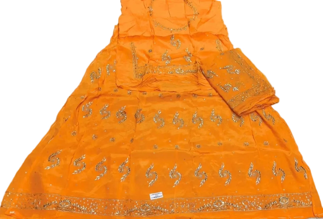 Mustard Orange Khuli Bunti Rajputi Poshak with Thakhurji Pure Odhni | Natural Crepe Fabric | Heavy Zardoji Work