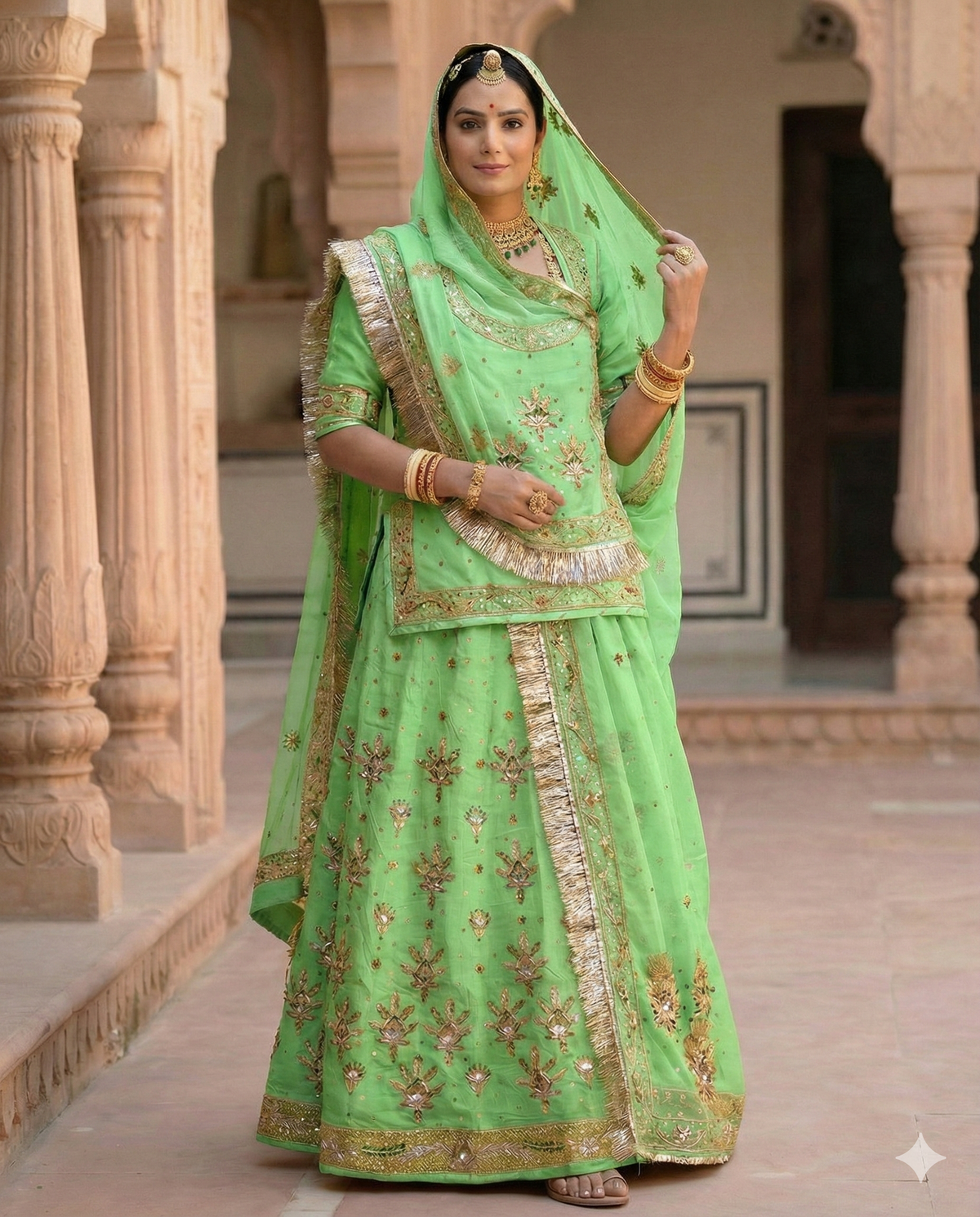 Rajputi Poshak – Zardozi Bember Satin – Mehendi Green with Thakurji Odhni