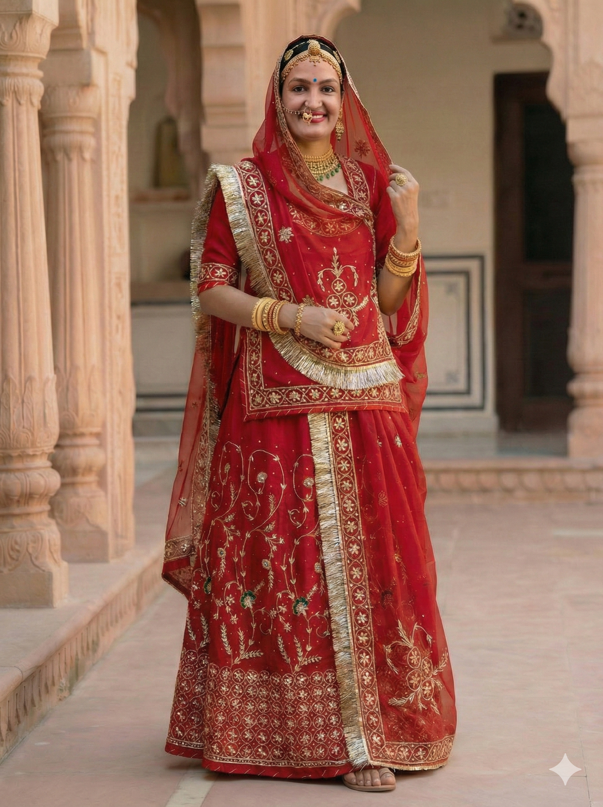 Rajputi Poshak – Bridal Handwork Bember Satin – Red with Thakurji Odhni