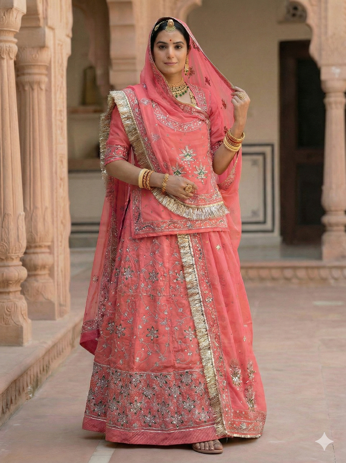 Rajputi Poshak – Handwork Bember Satin – Coral Pink with Thakurji Odhni