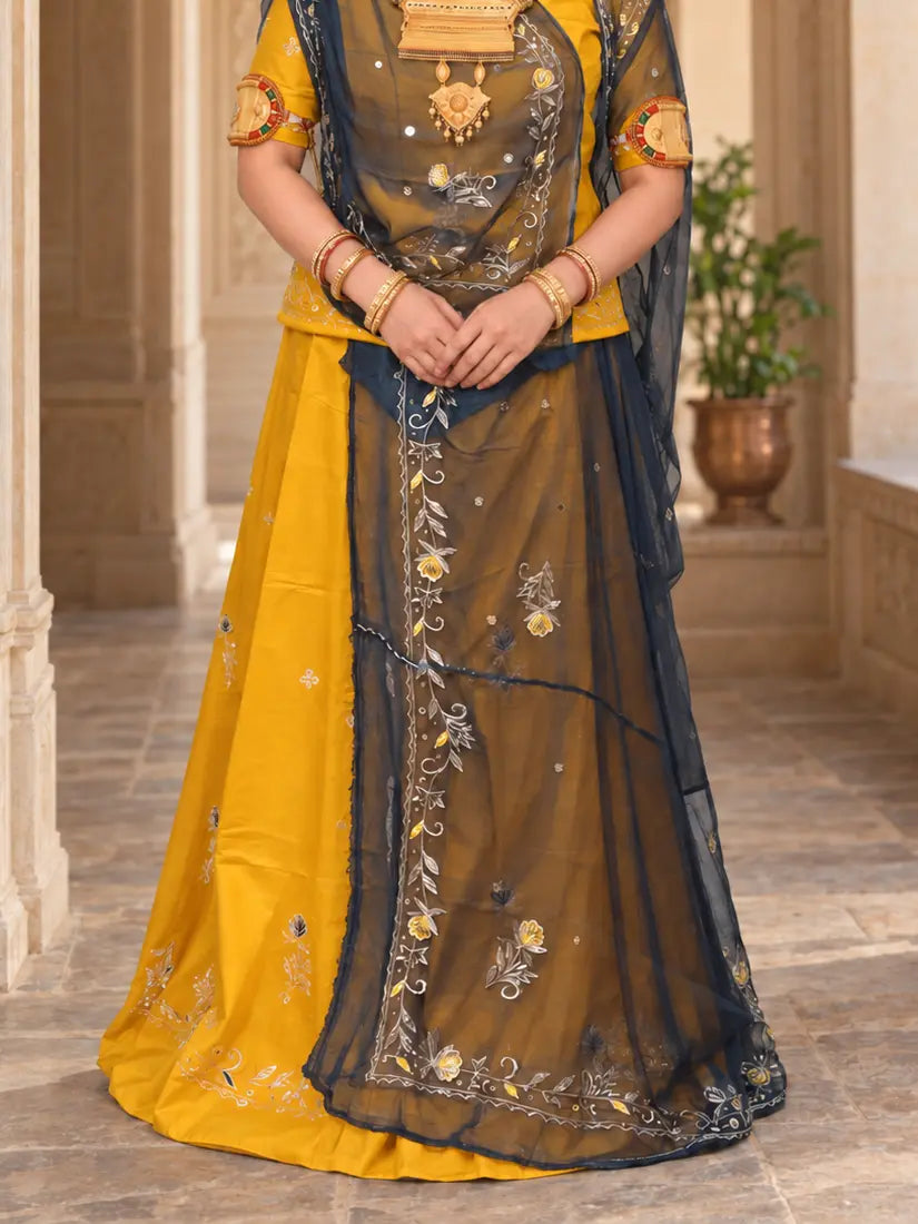 Mustard Yellow Jaam Cotton Rajputi Poshak with Zari Work – Tora Odhni