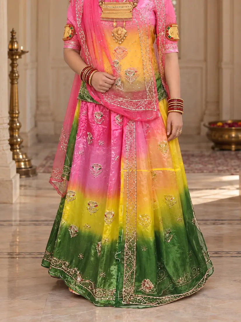 Pure Pink Green Natural Crepe Rajputi Poshak, Zardozi – Pink Odhni