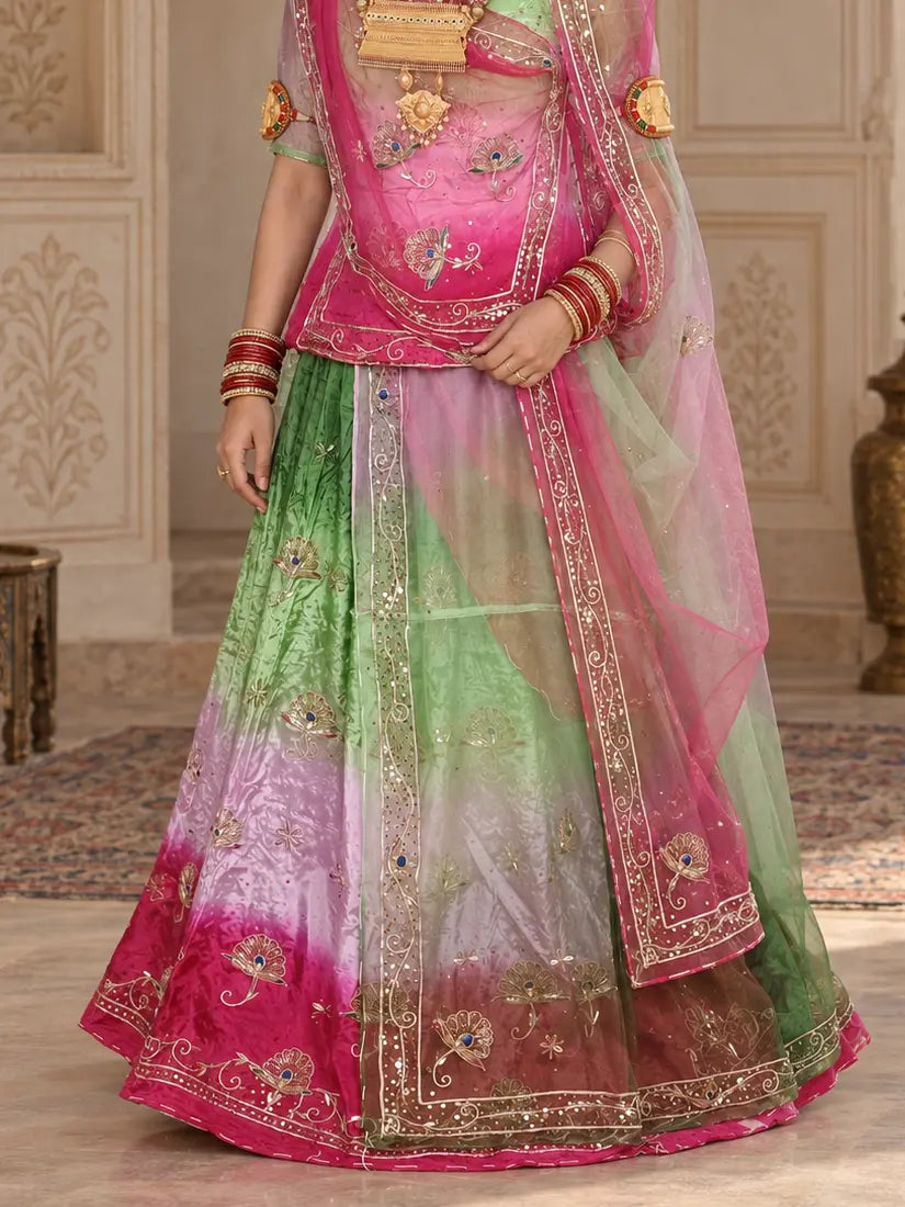 Pure Rani Pink Green Crepe Rajputi Poshak, Zardozi – Pure Odhni