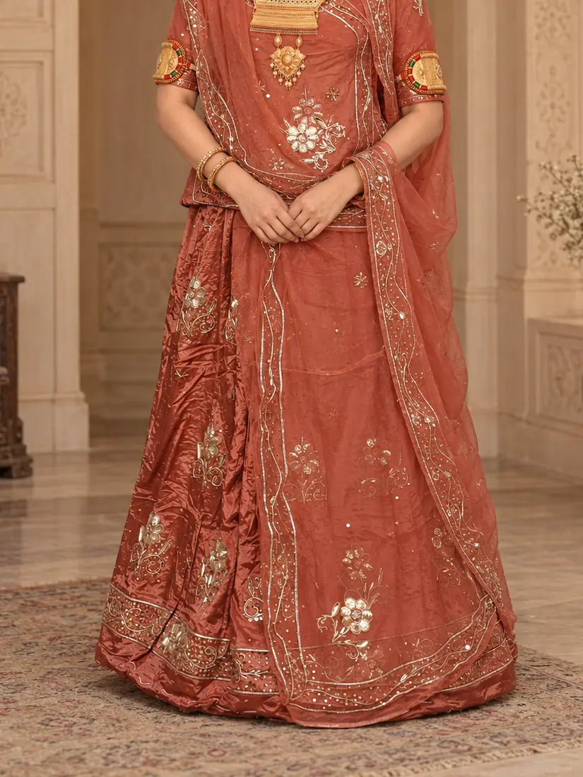 Pure Rust Orange Crepe Rajputi Poshak with Zardozi Work – Pure Odhni