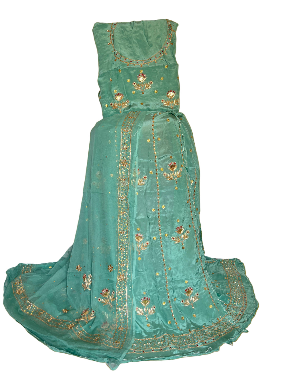 Rajputi Poshak – Zardozi Kundan Natural Crepe – Sea Green with Thakurji Odhni