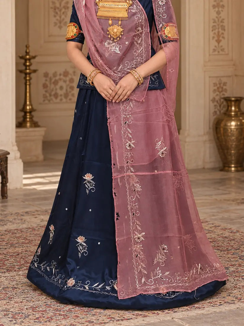 Rajputi Dress - Natural Crepe Pure Fabric With Zari Work - Dark Teal Blue With Peach Tora Odhni