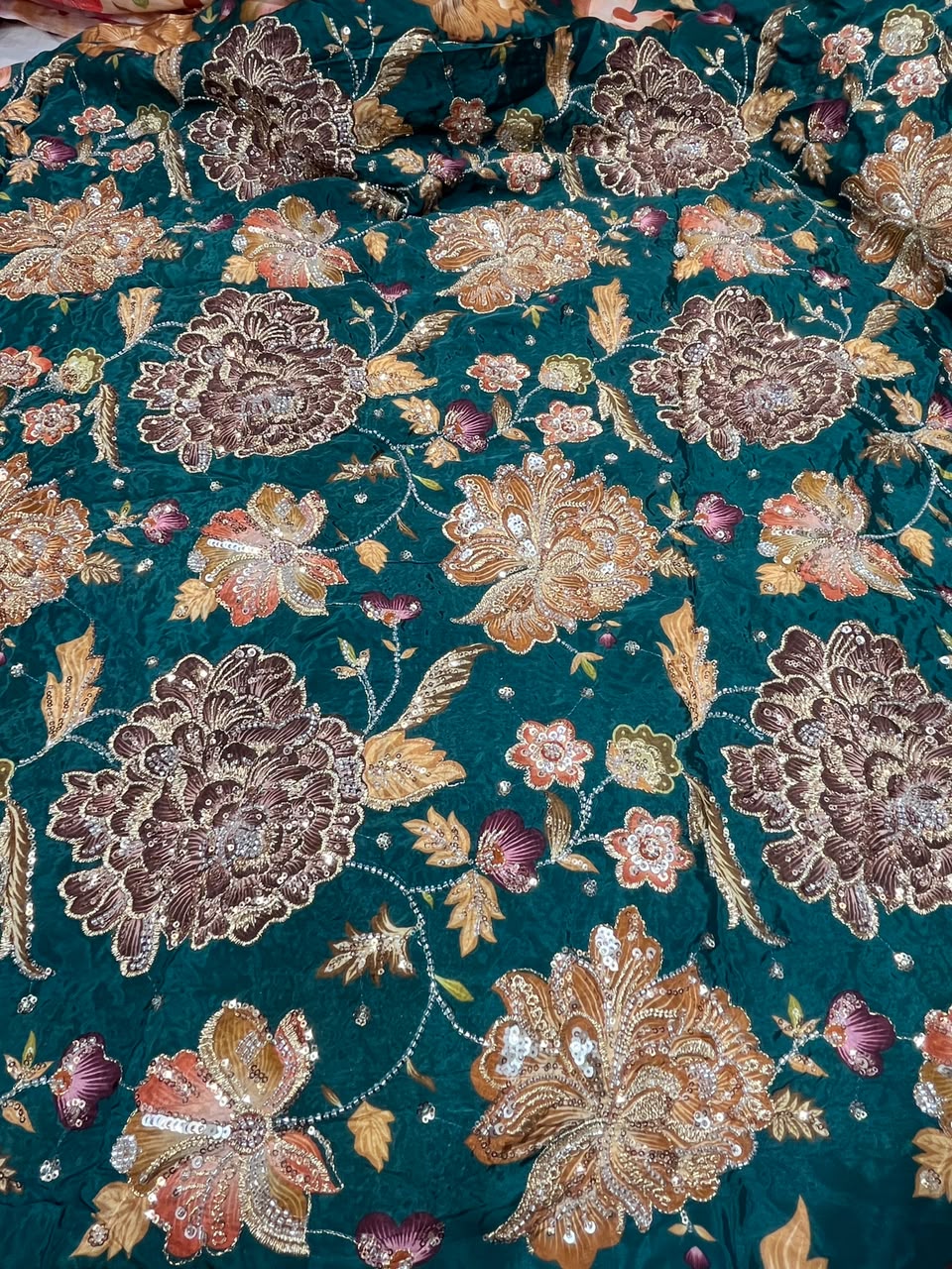 Rajputi Dress - Natural Crepe Pure With Zari, Sequin And Cut Daana Work - Teal Green Base With Brown, Gold, Copper & Maroon Embroidery