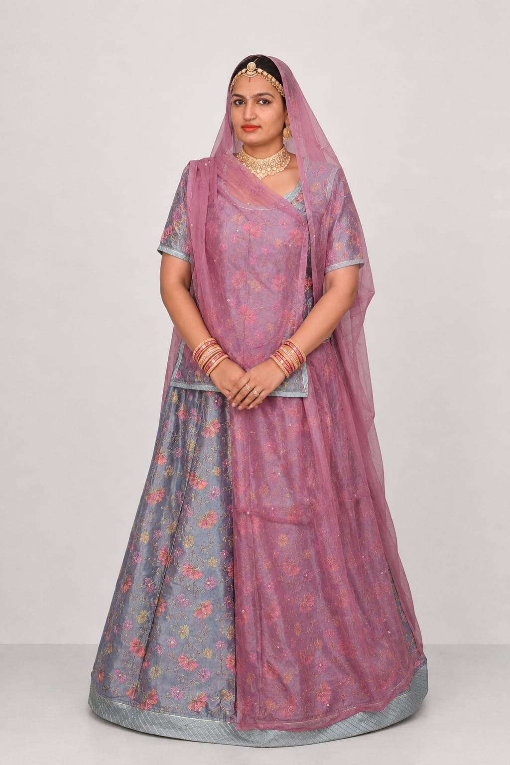 Rajputi Dress - Crepe Pure Chhota Fool Fabric - Steel Blue With Contrast Matching Rajan Odhni