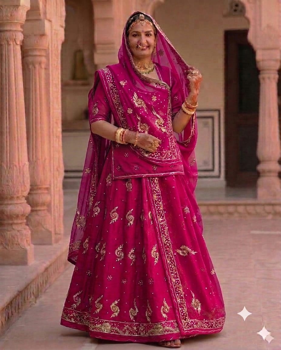 Khuli Bunti Design Rajputi Poshak with Thakhurji Pure Odhni – Natural Crepe Pure Fabric Zardozi Work Traditional Rajputi Dress