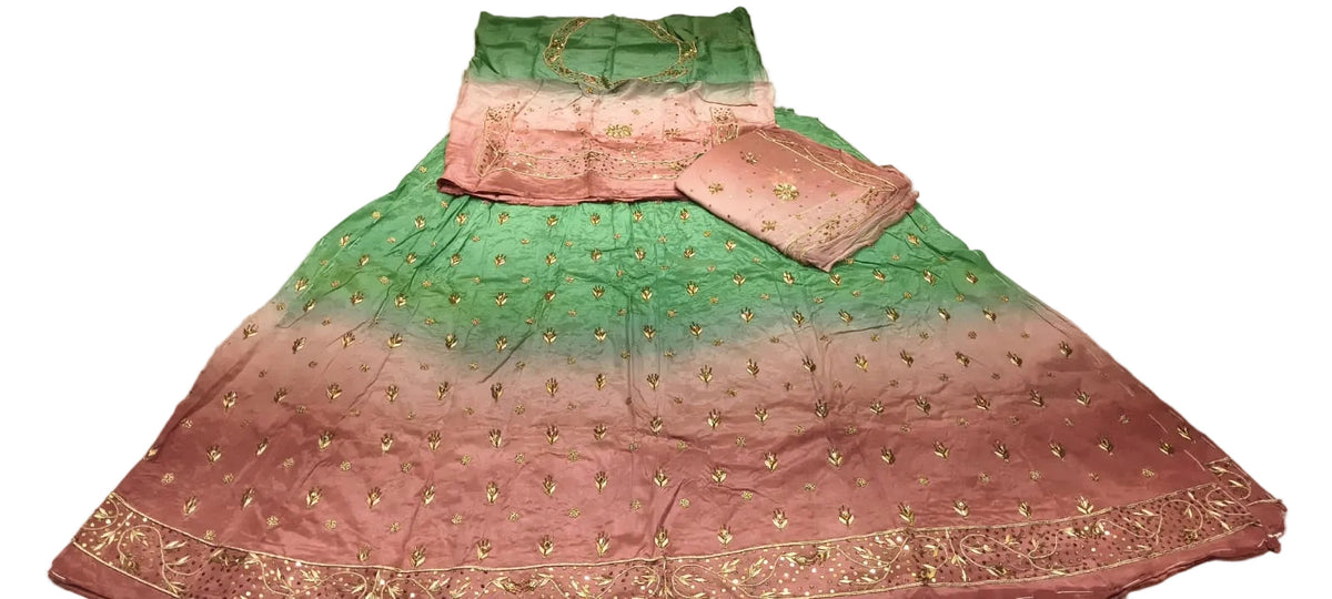 Green & Blush Pink Ghevar Design Rajputi Poshak | Natural Pure Crepe Fabric with Thakhurji Pure Odhni | Traditional Rajasthani Dress