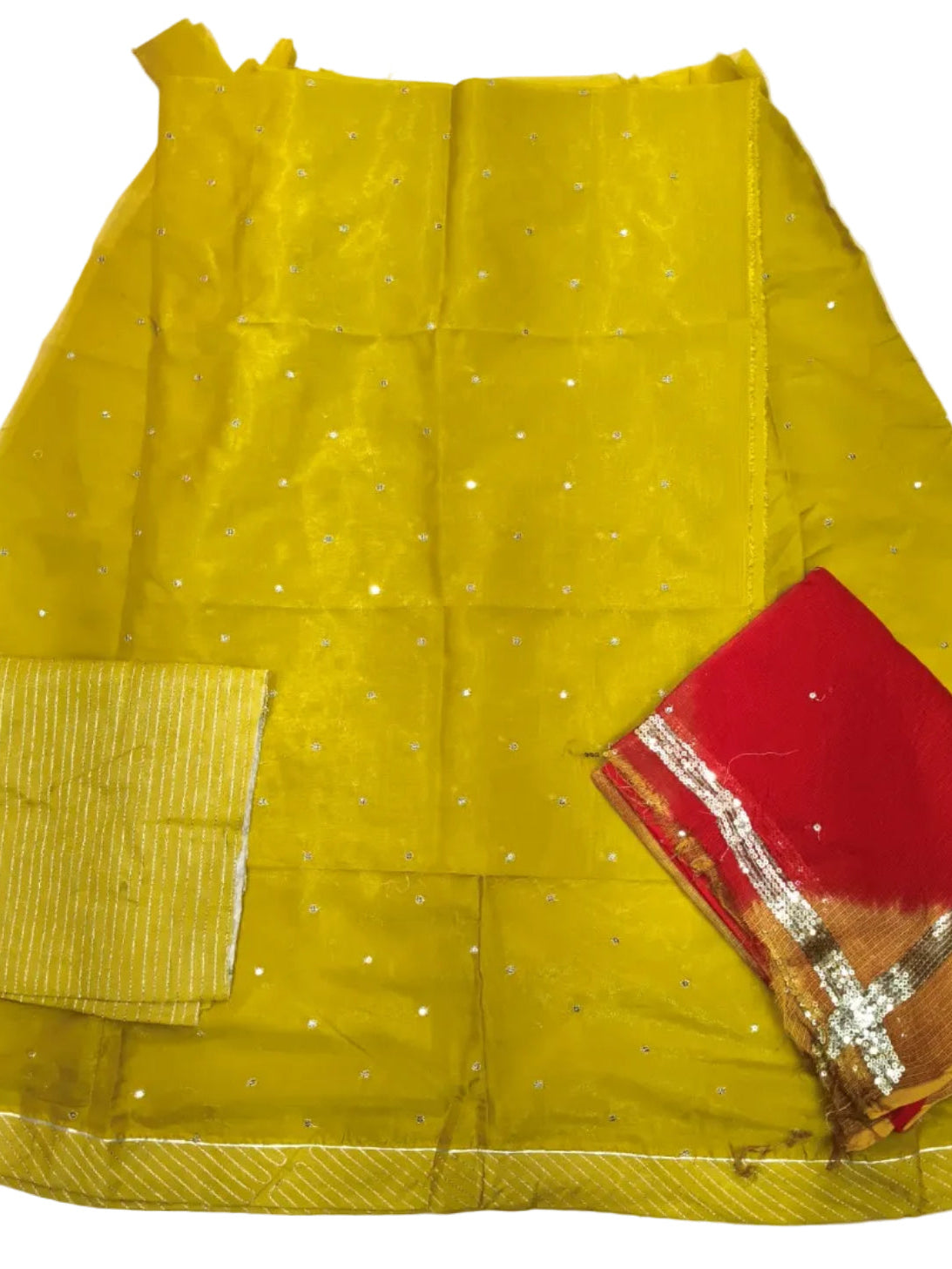 Pure Tissue Mukesh Tari Suit with Double Colour Doria Odhni – Mustard Yellow & Red | Traditional Ethnic Wear With Rajputi Style