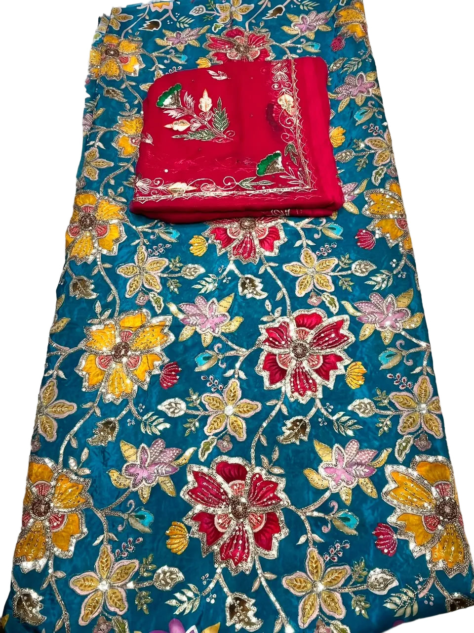 Rajputi Dress - Nanad Bhabhi Pure Kapda With Zari And Sequin Work - Teal Blue With Red Rajan Odhni