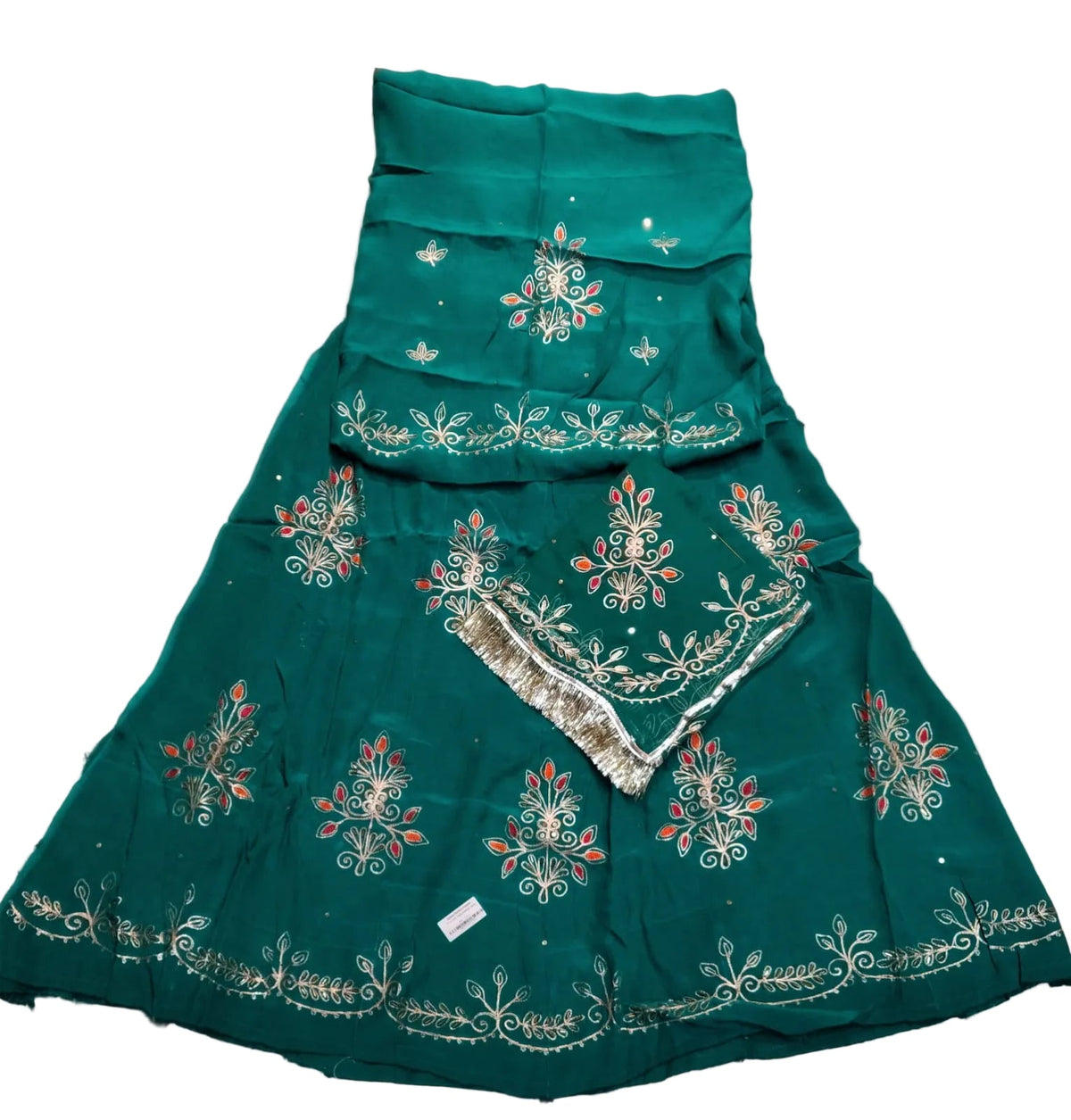 Rajputi Dress - Floral Natural Crepe Pure Rama Green Poshak With Zari Work - Same Colour Pure Odhni