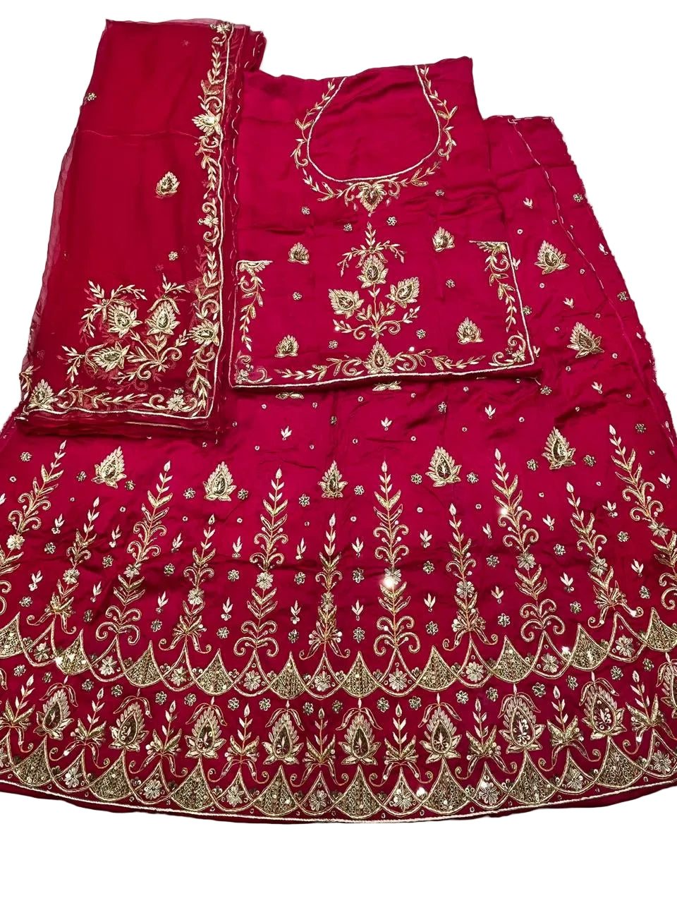 Rajputi Dress - Bember Satin With Zardozi, Dabka, Cut Dana & Aari Tari Handwork - Rani Pink