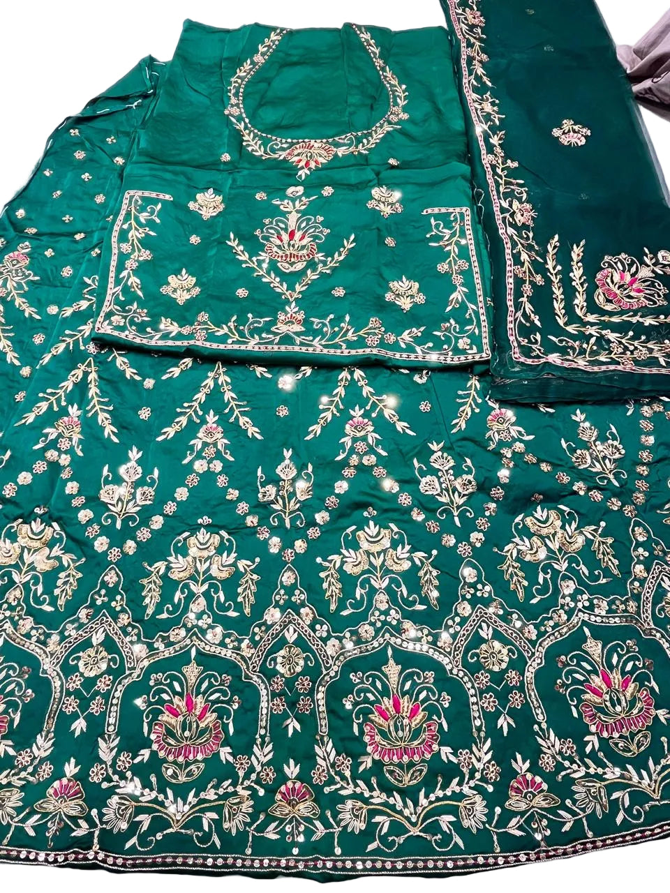 Rajputi Dress - Bember Satin With Zardozi, Dabka, Cut Dana & Aari Tari Handwork - Bottle Green With Thakhurji Pure Odhni