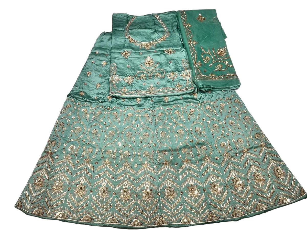 Rajputi Dress - Bember Satin With Zardozi, Dabka, Cut Dana & Aari Tari Handwork - Sea Green With Thakhurji Pure Odhni
