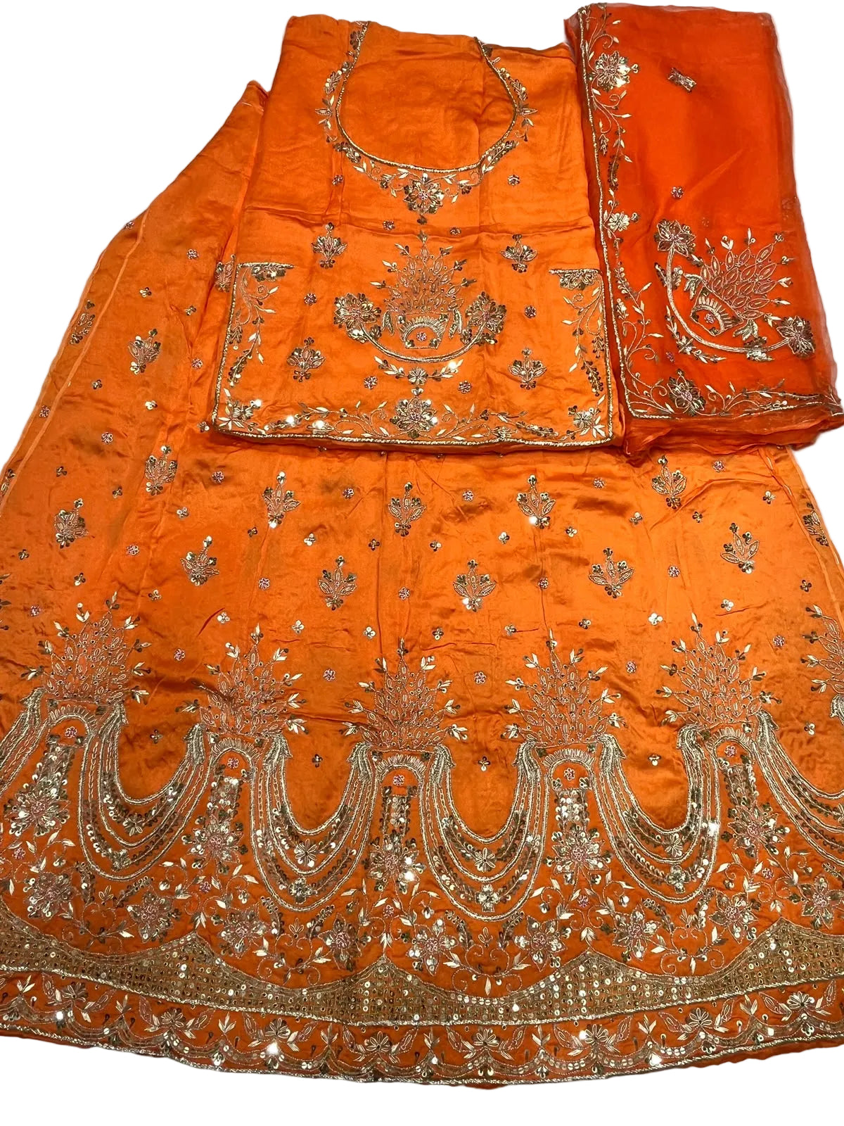 Rajputi Dress - Bember Satin With Zardozi, Dabka, Cut Dana & Aari Tari Handwork - Orange With Thakhurji Pure Odhni