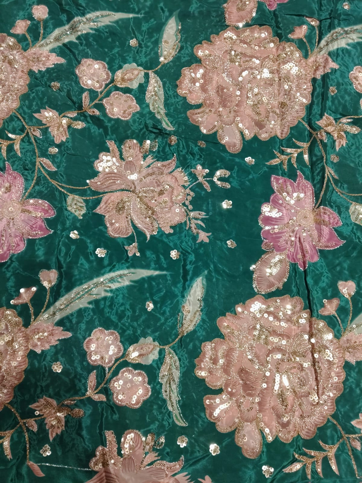 Rajputi Dress - Natural Crepe Pure With Zari And Sequin Work - Rama Green With Multicolour Floral