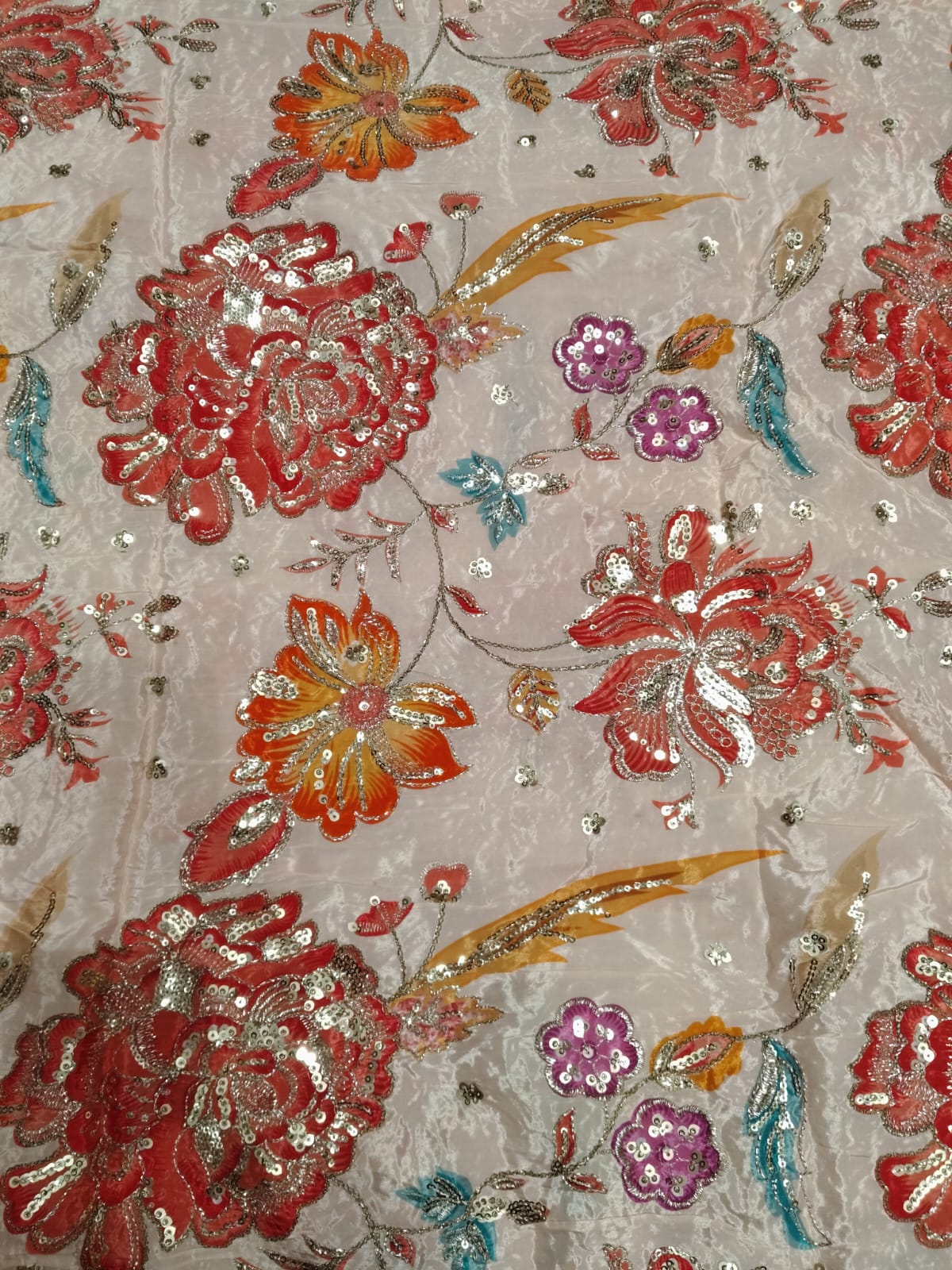 Rajputi Dress - Natural Crepe Pure With Zari And Sequin Work - Light Peach With Multicolour Floral