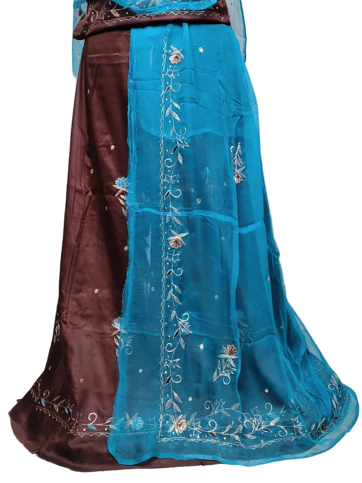 Rajputi Dress - Natural Crepe Pure Fabric With Zari Work - Brown With Sky Blue Tora Odhni