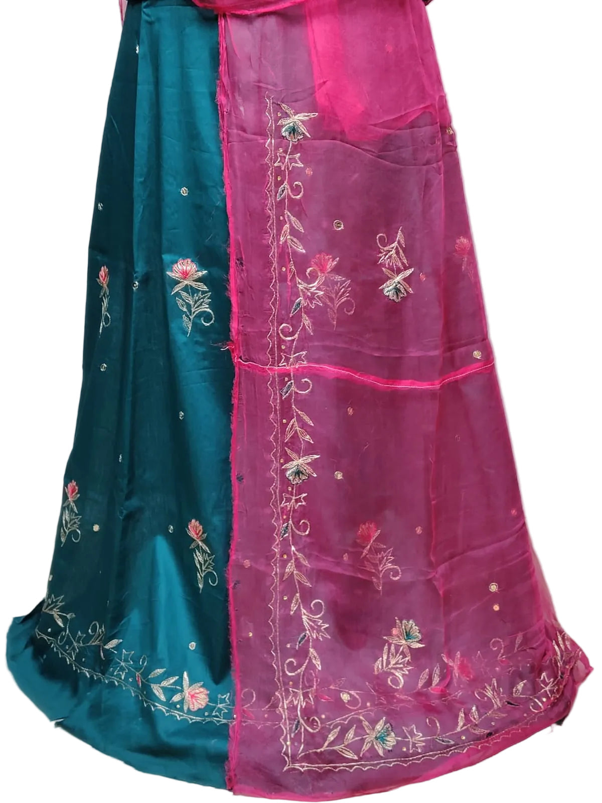 Rajputi Dress - Natural Crepe Pure Fabric With Zari Work - Teal Green With Rani Pink Tora Odhni