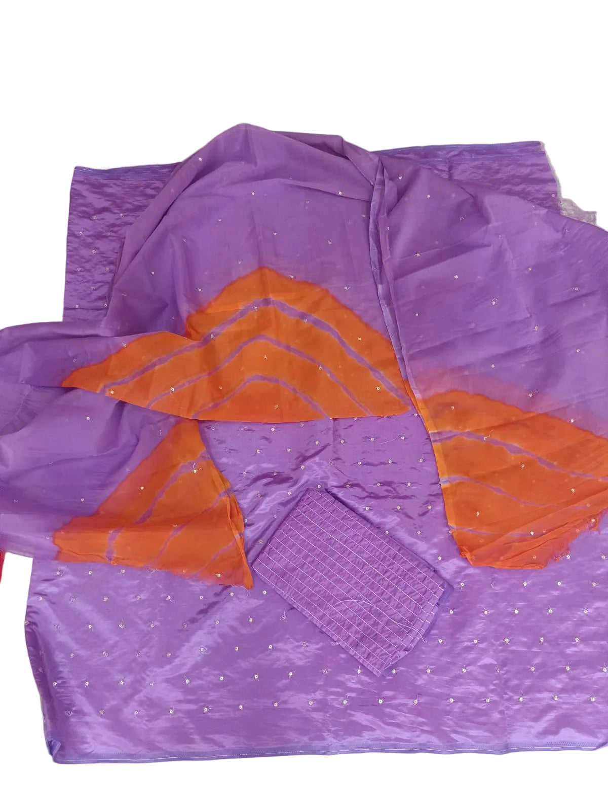 Rajputi Dress - Jaam Cotton Fabric with Mukesh Taari Work & Humrahi Odhni – Lavender Purple & Orange Traditional Suit Set
