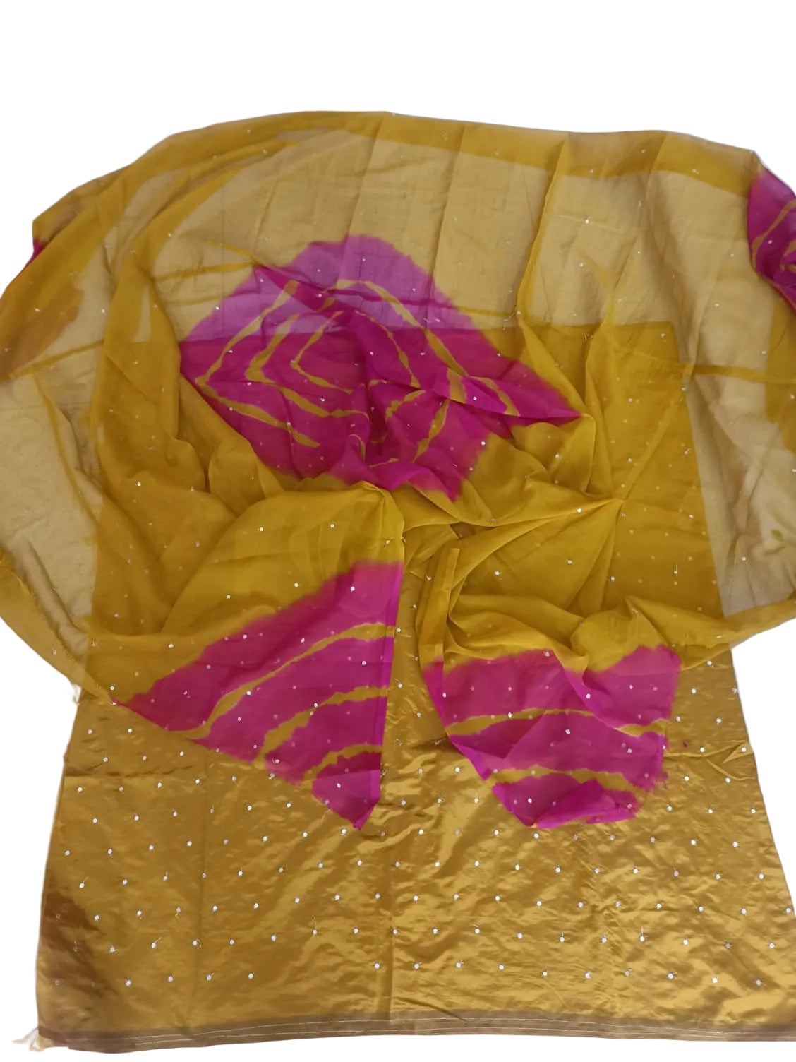 Rajputi Dress - Jaam Cotton Mukesh Taari Work Suit with Humrahi Odhni – Mustard Yellow & Rani Pink