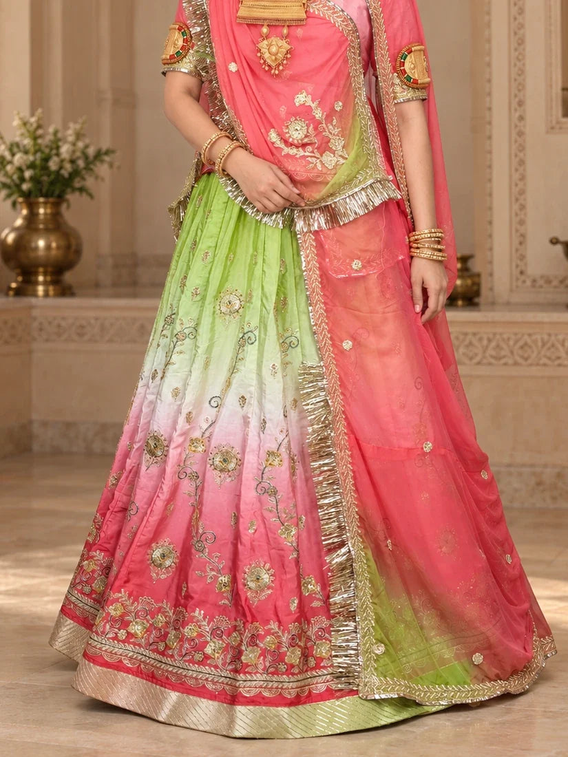 Green & Pink Ombre Rajputi Poshak in Crepe Fabric | Zardoji & Sequin Work Traditional Bridal Dress