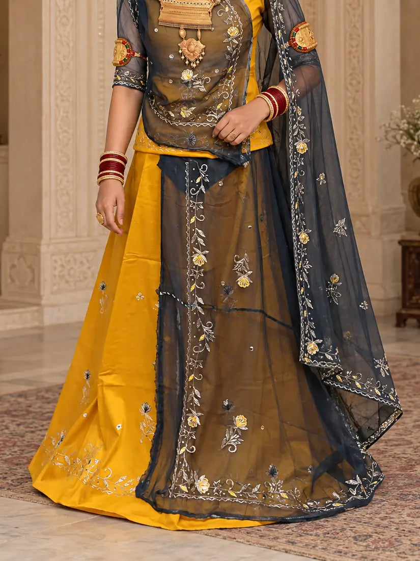 Mustard Yellow Jaam Cotton Rajputi Poshak with Zari Work – Tora Odhni