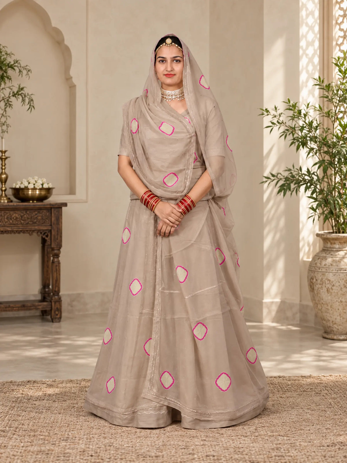 Bati Pure Natural Crepe Suit – Taupe Beige with Pink & Gold Bati Design | Premium Ethnic Wear for Women