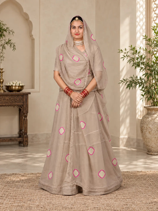Bati Pure Natural Crepe Suit – Taupe Beige with Pink & Gold Bati Design | Premium Ethnic Wear for Women