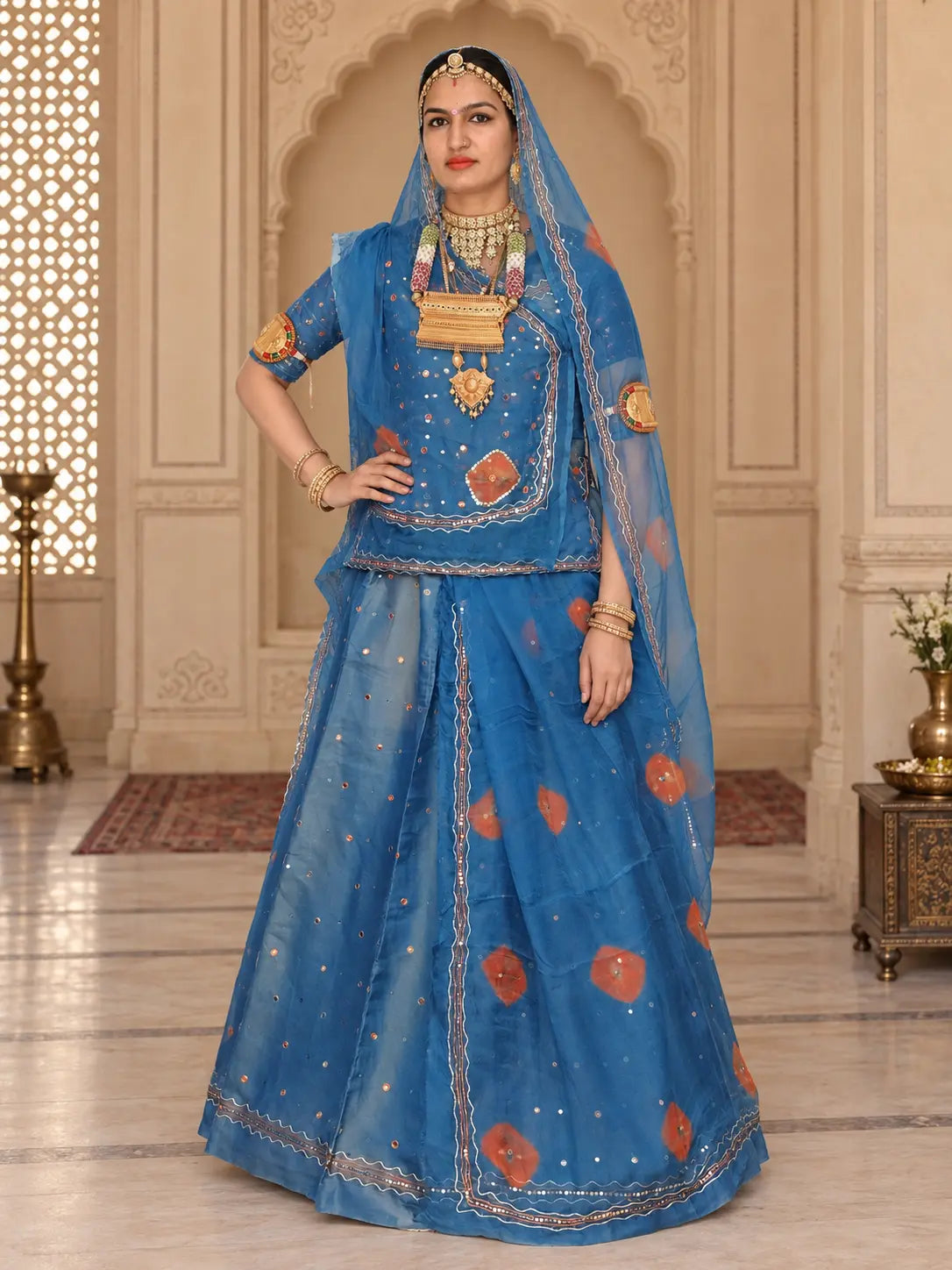 Blue Pure Tissue Rajputi Poshak with Mukesh Tari – Pure Odhni