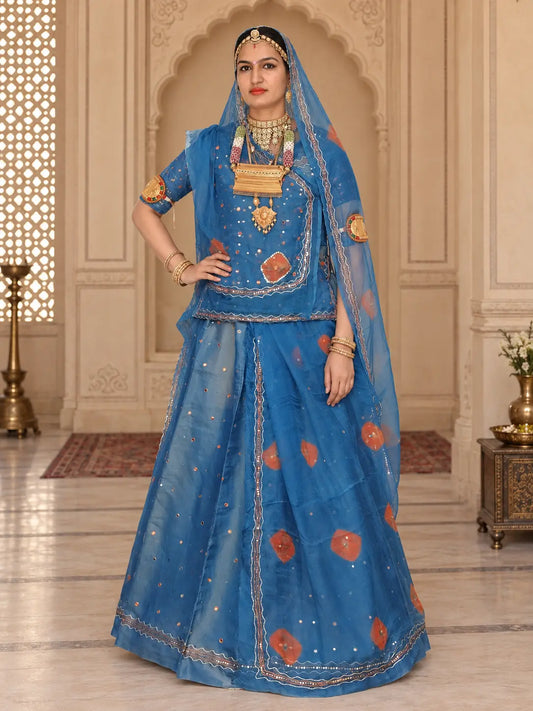Blue Pure Tissue Rajputi Poshak with Mukesh Tari – Pure Odhni
