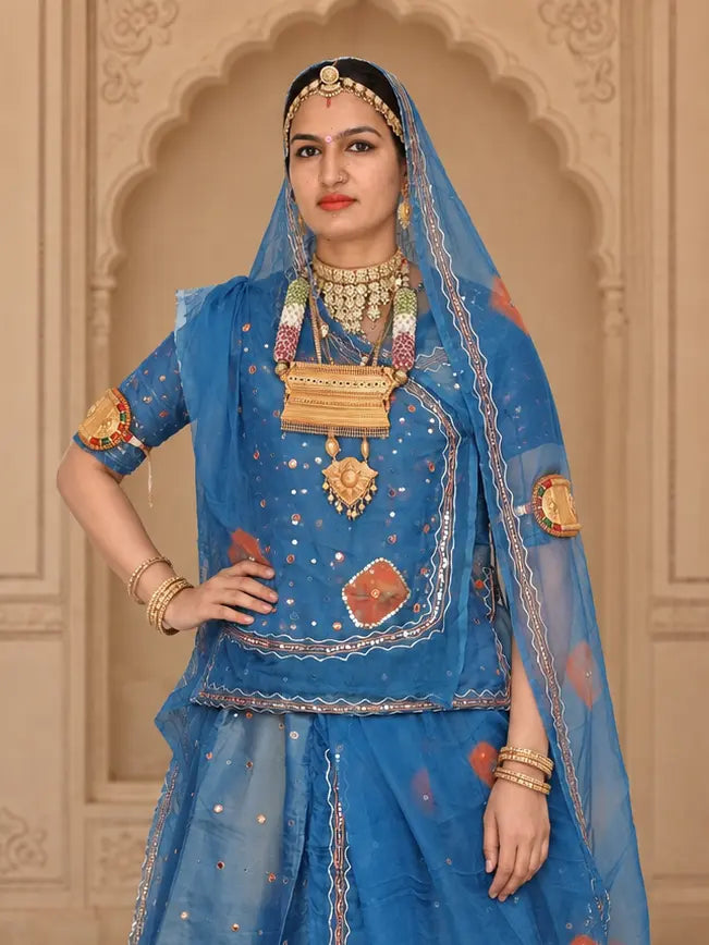 Blue Pure Tissue Rajputi Poshak with Mukesh Tari – Pure Odhni