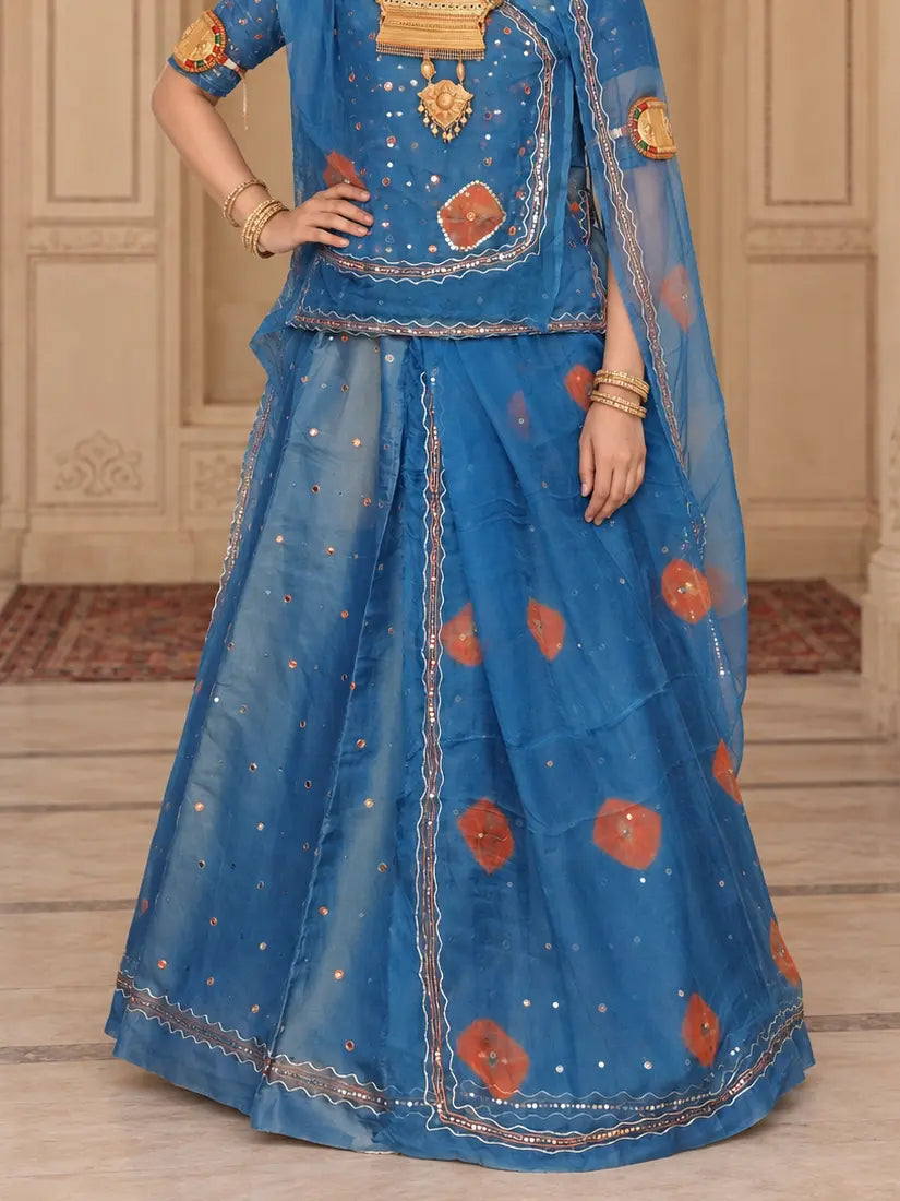Blue Pure Tissue Rajputi Poshak with Mukesh Tari – Pure Odhni