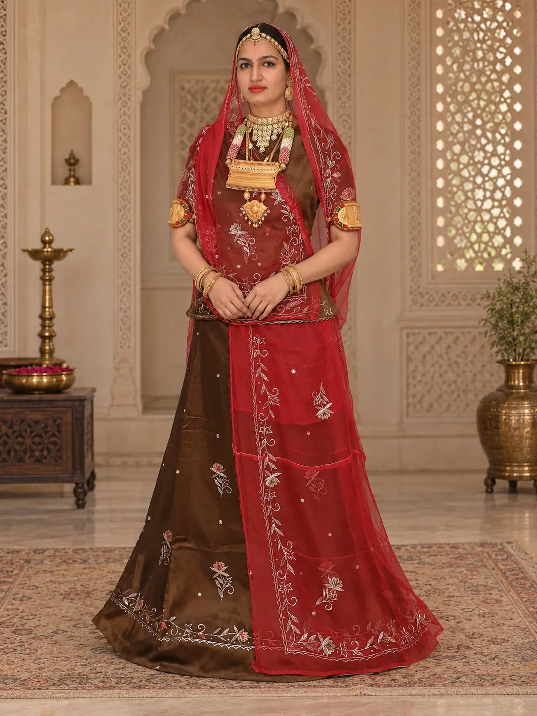 Brown Jaam Cotton Rajputi Suit with Zari Work – Red Tora Odhni