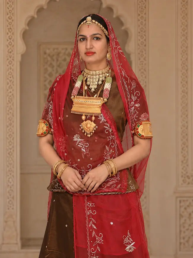 Brown Jaam Cotton Rajputi Suit with Zari Work – Red Tora Odhni