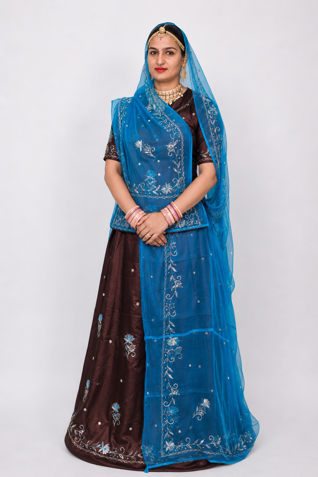 Rajputi Dress - Natural Crepe Pure Fabric With Zari Work - Brown With Sky Blue Tora Odhni