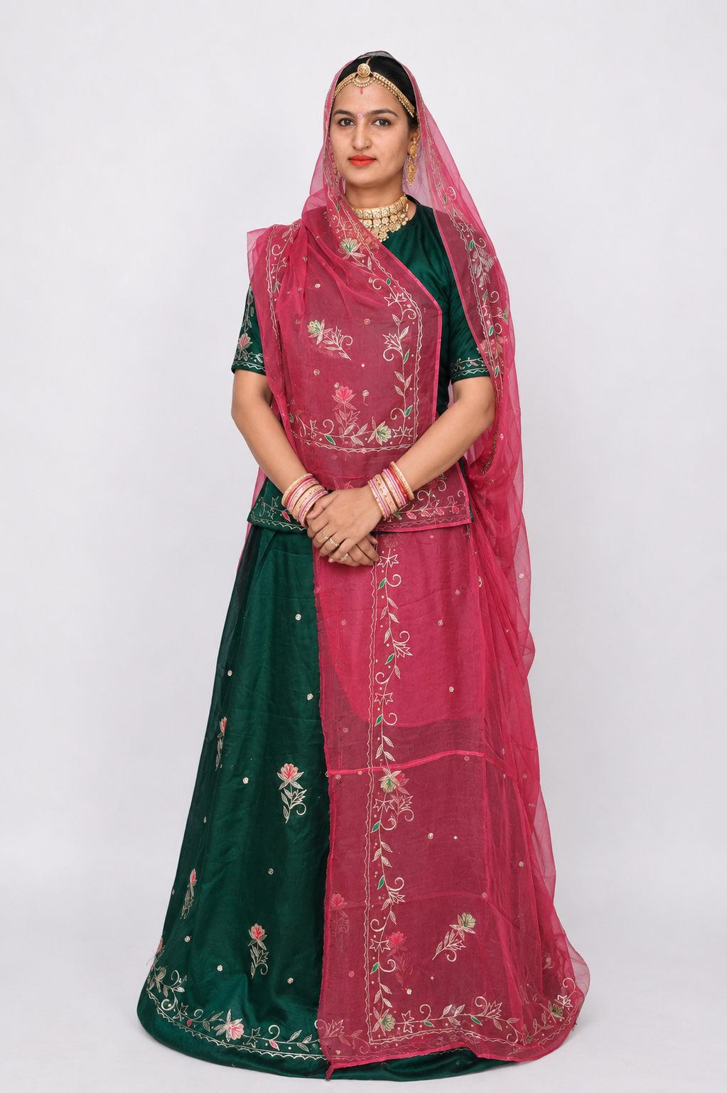 Rajputi Dress - Natural Crepe Pure Fabric With Zari Work - Teal Green With Rani Pink Tora Odhni