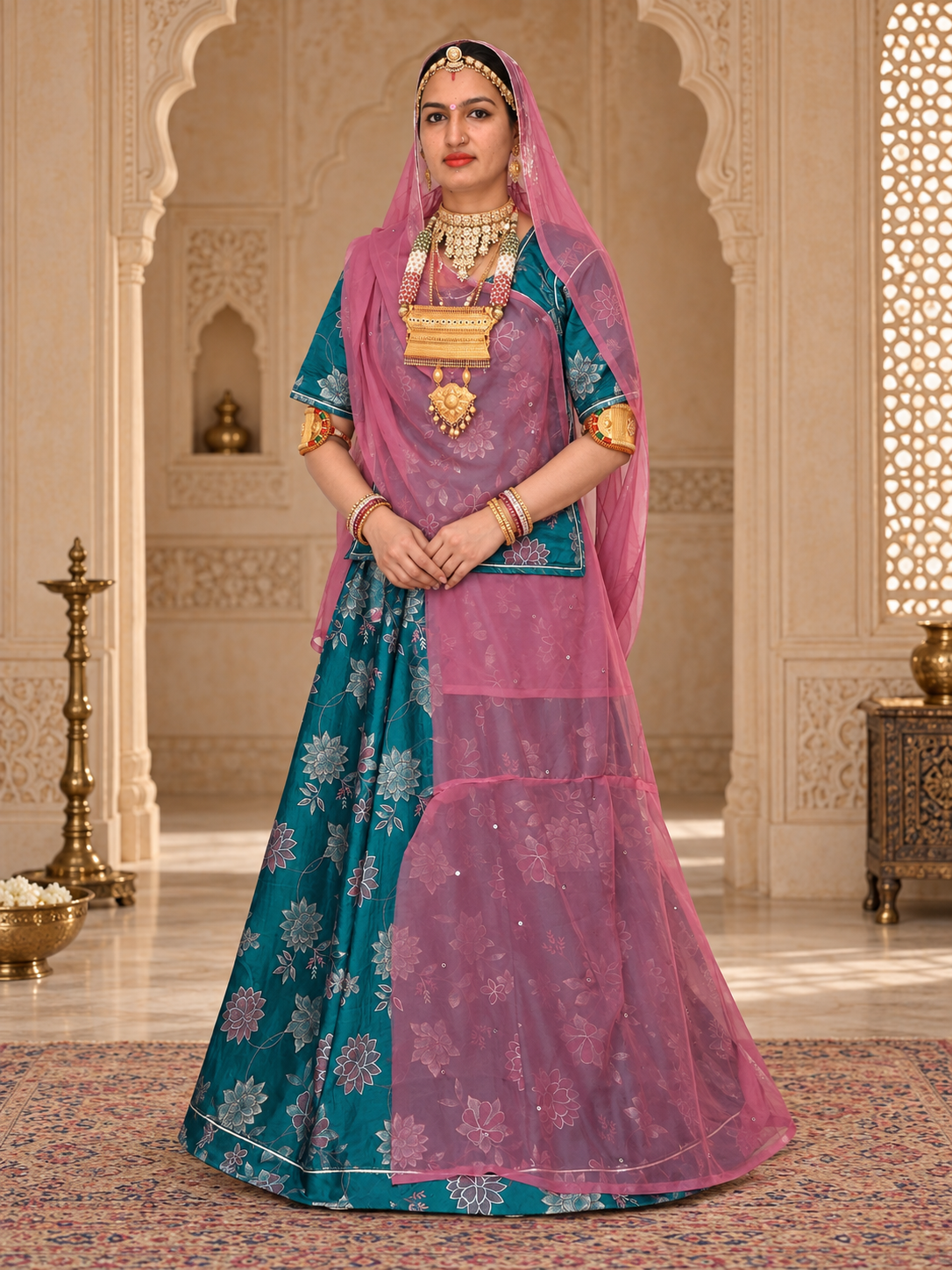 Classic Richa Silk Rajputi Suit with Kamal Pati Design & Rajan Lehriya Odhni | Teal Blue & Rani Pink | Traditional Ethnic Wear