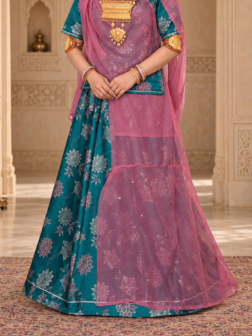 Classic Richa Silk Rajputi Suit with Kamal Pati Design & Rajan Lehriya Odhni | Teal Blue & Rani Pink | Traditional Ethnic Wear