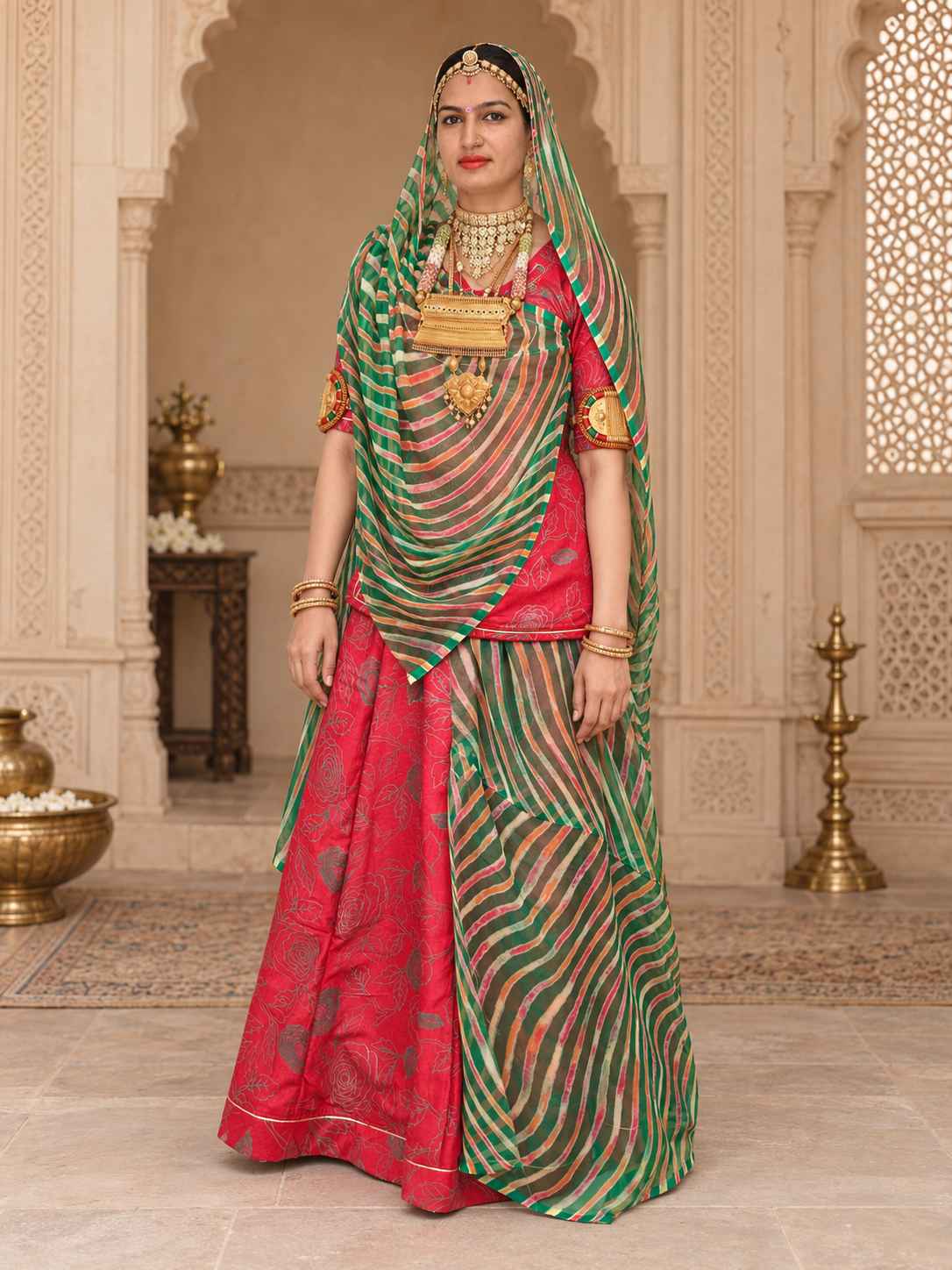 Classic Richa Silk Rajputi Suit with Rajan Lehriya Odhni | Kamal Pati Design | Pink & Green Traditional Dress