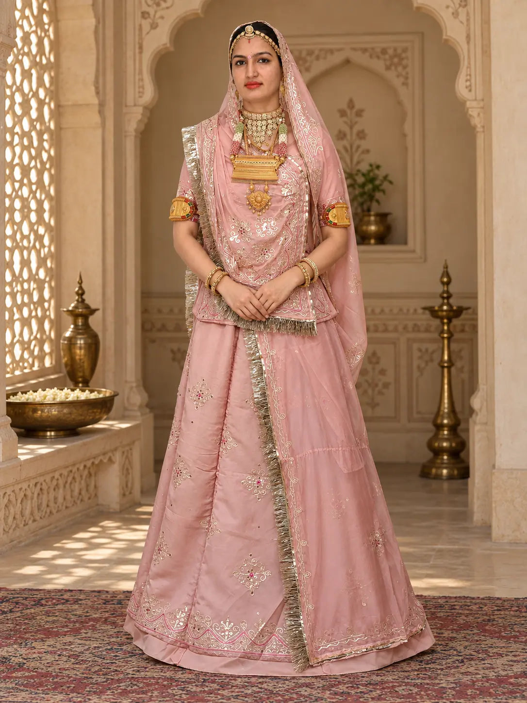 Designer Rajputi Poshak | Tissue Fabric & Humrahi Pure Odhni | Heavy Zari hand Work.