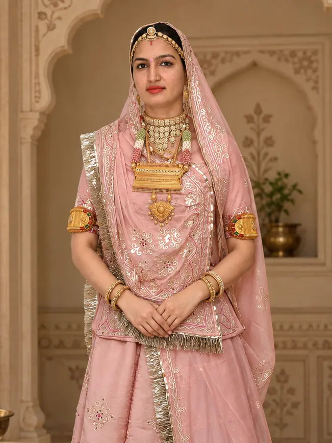 Designer Rajputi Poshak | Tissue Fabric & Humrahi Pure Odhni | Heavy Zari hand Work.