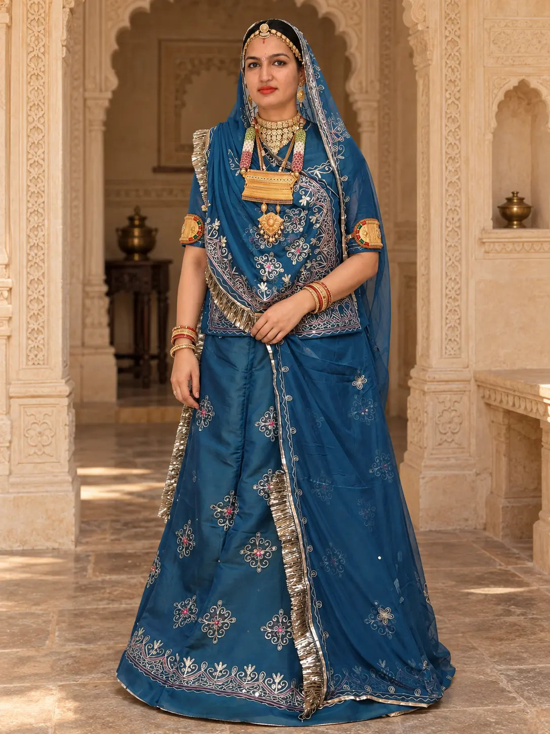 Designer Rajputi Poshak | Tissue Fabric & Humrahi Pure Odhni | Heavy Zari hand Work.