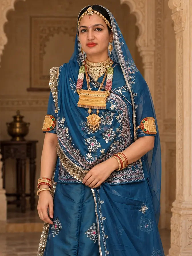 Designer Rajputi Poshak | Tissue Fabric & Humrahi Pure Odhni | Heavy Zari hand Work.