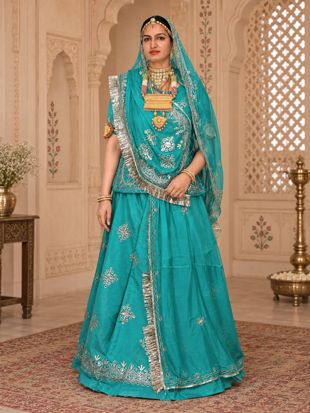 Designer Rajputi Poshak | Tissue Fabric & Humrahi Pure Odhni | Heavy Zari hand Work.